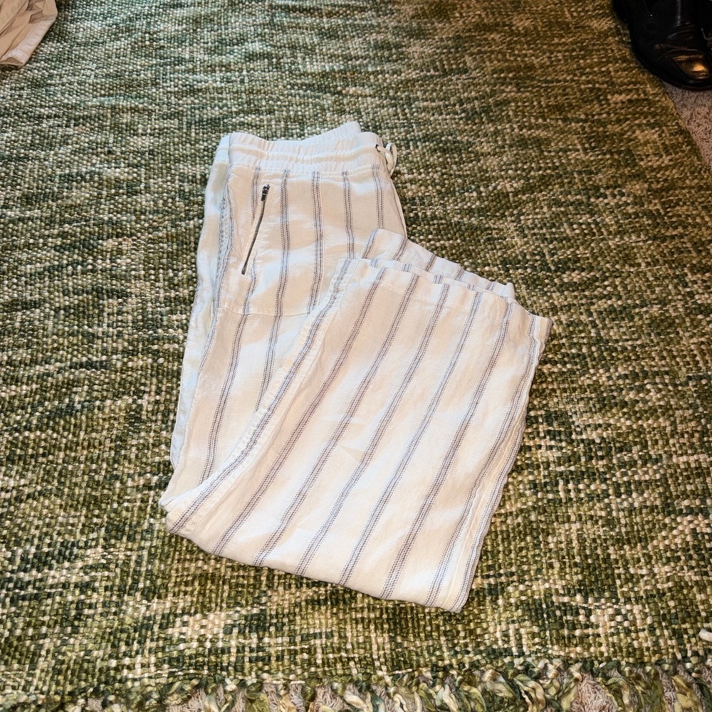 Athleta striped wide-leg linen trousers with adjustable drawstring/  zip pocket - Picture 4 of 5